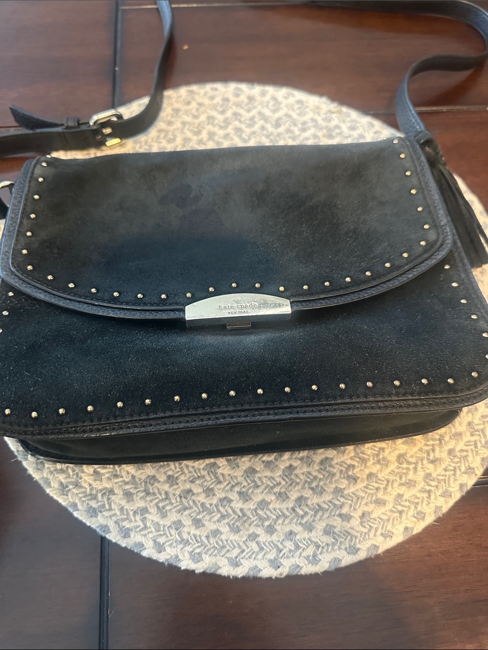 kate spade Black Suede Studded Crossbody Bag with Gold-Tone Hardware
